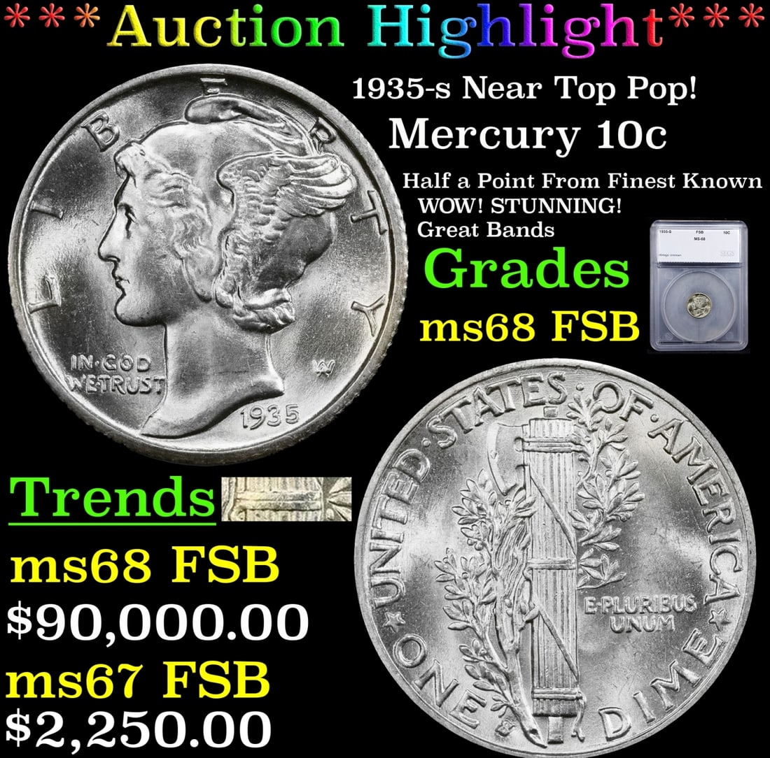 ***Major Highlight*** 1935-s Mercury Dime Near Top Pop! 10c ms68 FSB SEGS (fc) (1 of 5)