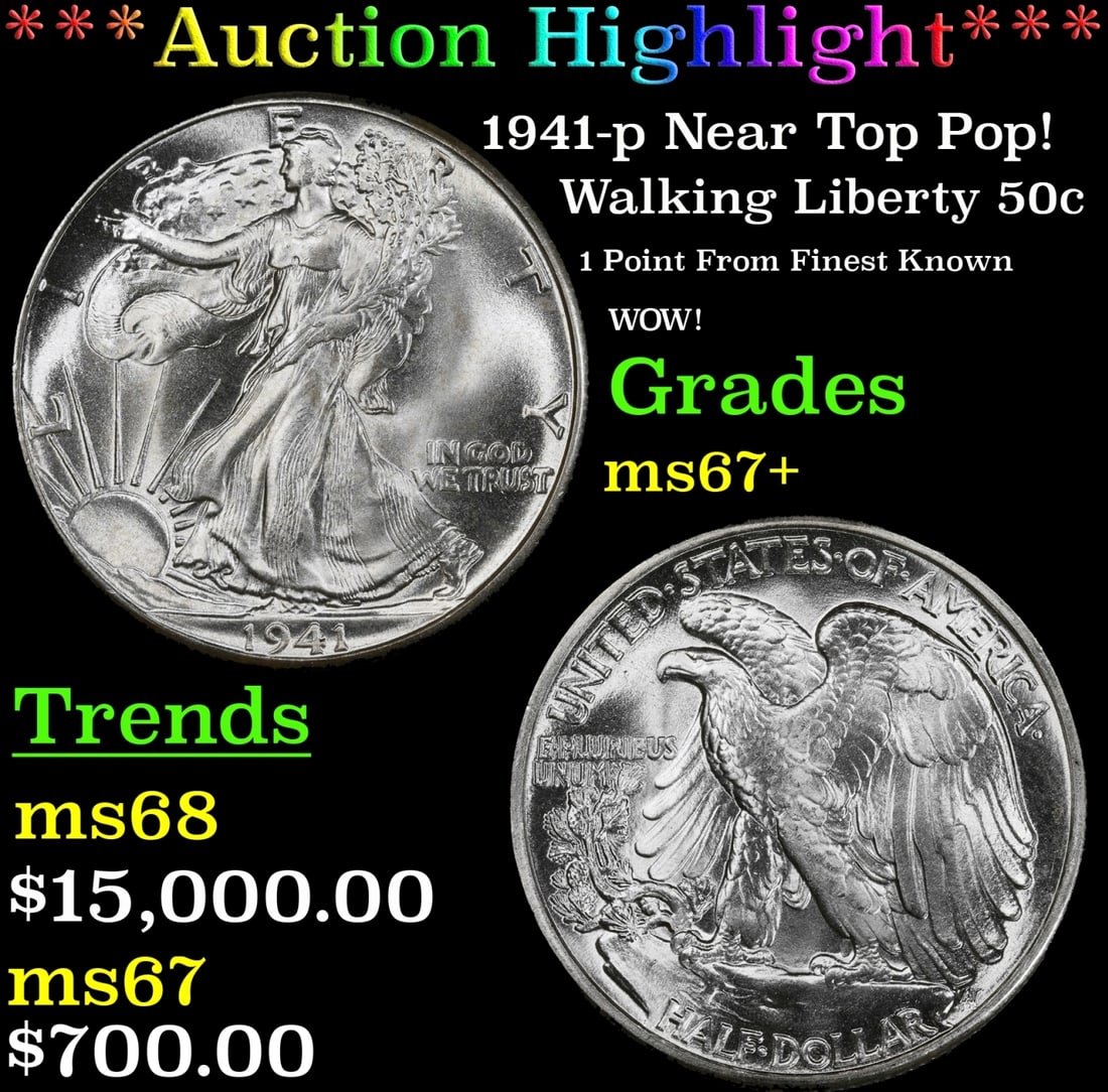 ***Major Highlight*** 1941-p Walking Liberty Half Dollar Near Top Pop! 50c ms67+ SEGS (fc): ***Major Highlight*** 1941-p Near Top Pop! Walking Liberty Half Dollar 50c ms67+ SEGS. This absolutely magnificent 1941 half dollar combines superior eye appeal with world class surface preservation. 