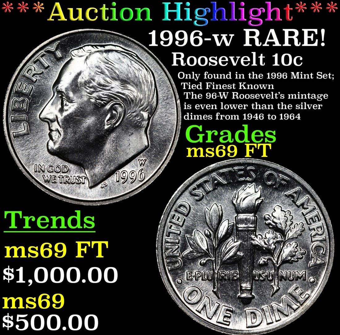 ***Auction Highlight*** 1996-w Roosevelt Dime RARE!  Top Pop! 10c Graded ms69 FT By USCG (fc) (1 of 3)