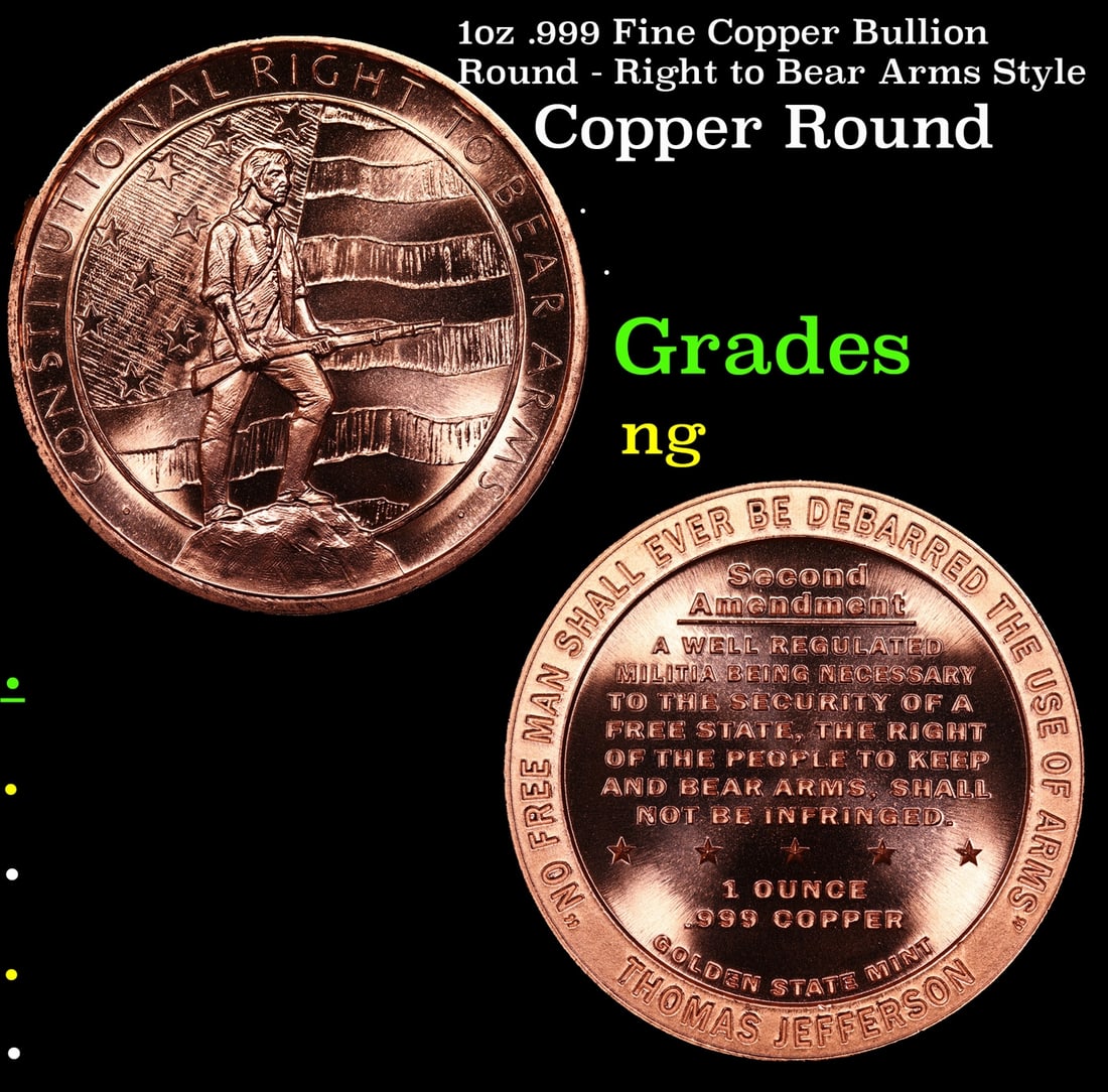 1oz .999 Fine Copper Bullion Round - Right to Bear Arms Style (1 of 3)