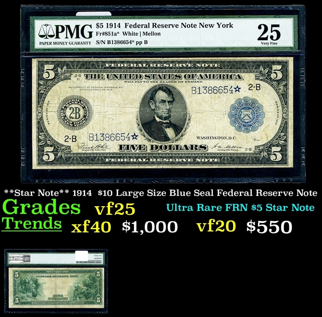 $5 Large Size Blue Seal Federal Reserve Note 5 vf25 PMG 0 (1 of 3)