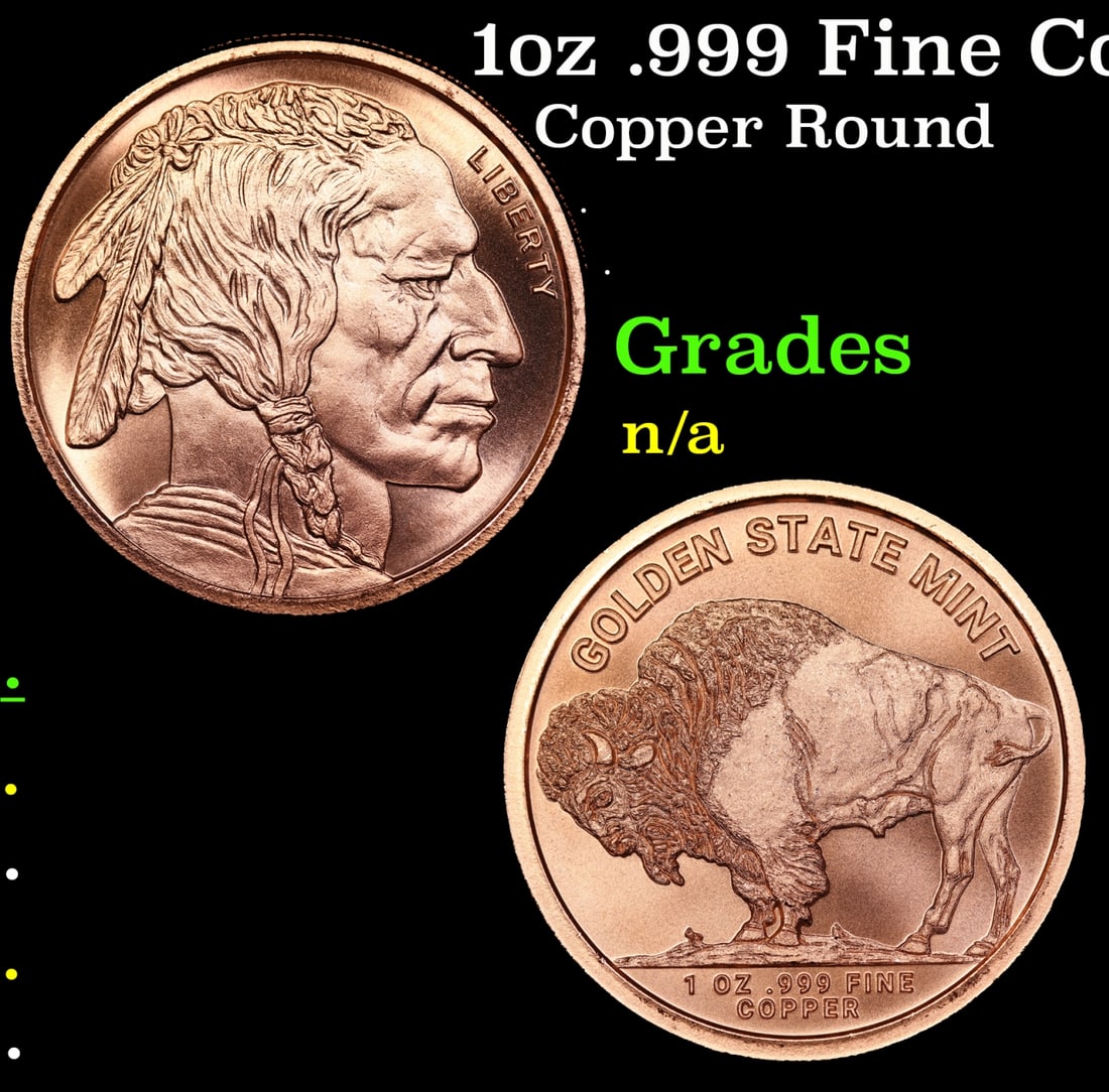1oz .999 Fine Copper Bullion Round - Buffalo Nickle style Grades Ungraded: 1oz .999 Fine Copper Bullion Round - Buffalo Nickle style Grades Ungraded.
