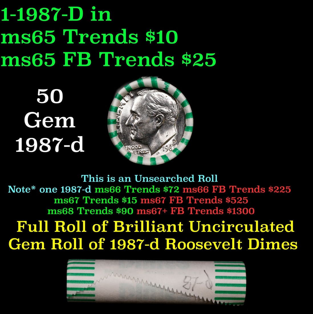 BU Shotgun Roosevelt 10c roll, 1987-d 50 pcs Bank Wrapper $5: BU Shotgun Roosevelt 10c roll, 1987-d 50 pcs Bank Wrapper $5.