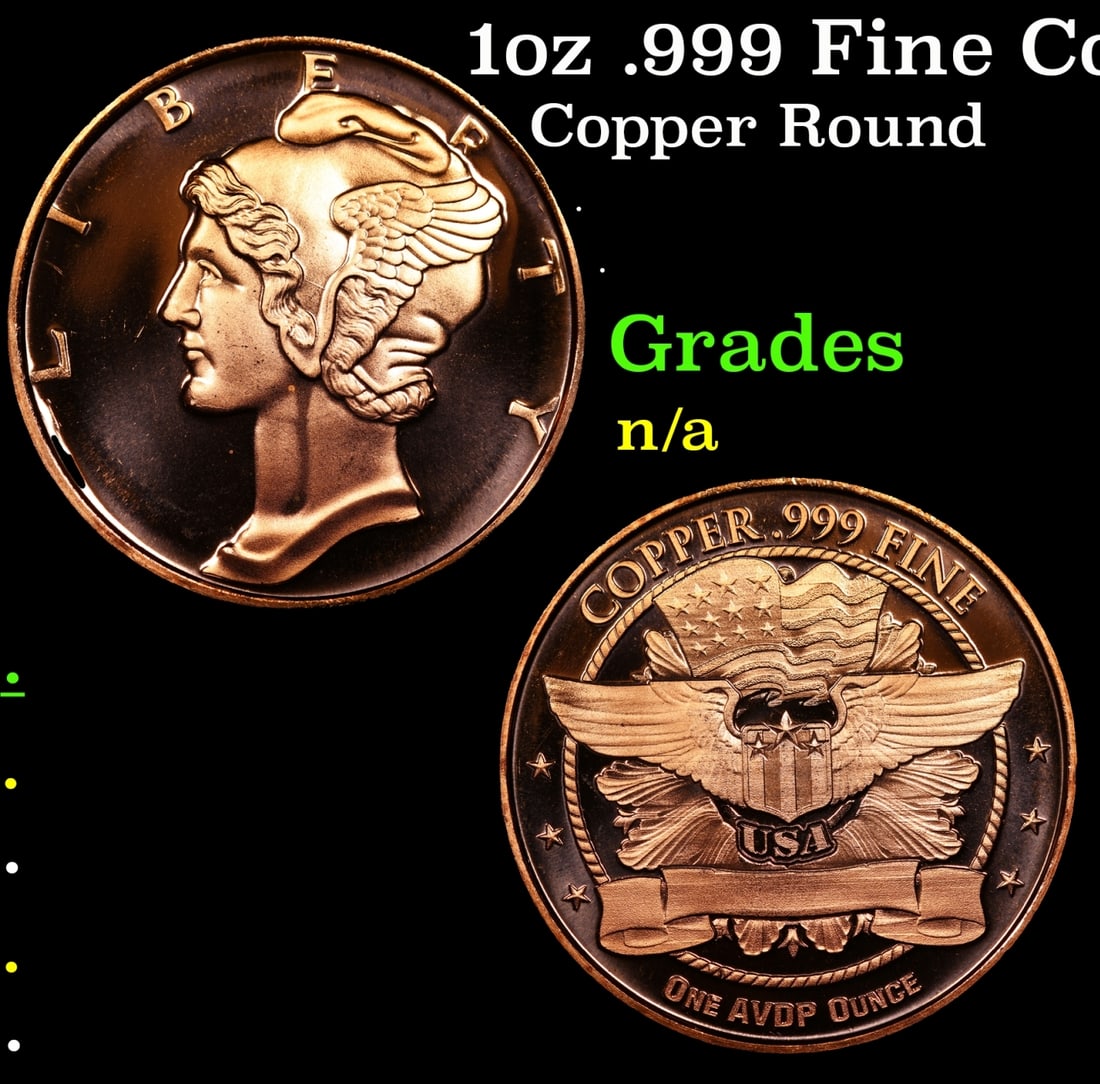 1oz .999 Fine Copper Bullion Round - Mercury Dime Style Grades (1 of 3)