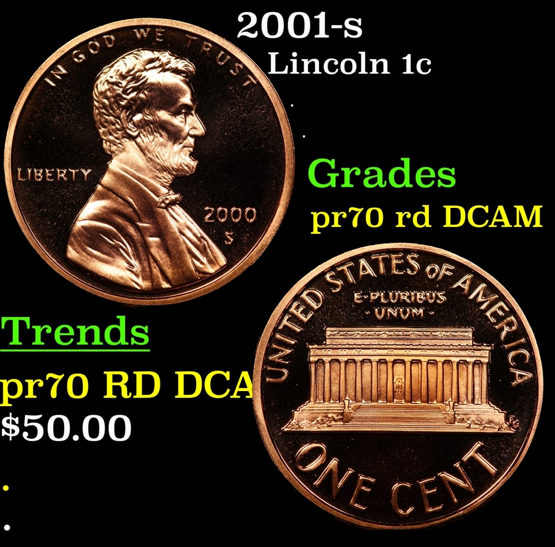 2001-s Proof Lincoln Cent 1c pr70 rd DCAM SEGS: 2001-s Lincoln Cent 1c pr70 rd DCAM SEGS.