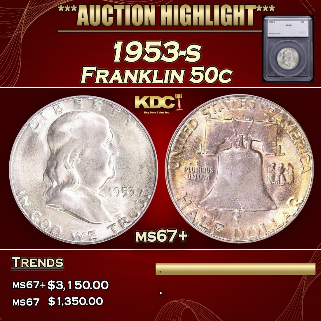 *Highlight* 1953-s Franklin Half Dollar 50c ms67+ SEGS (fc) (1 of 5)