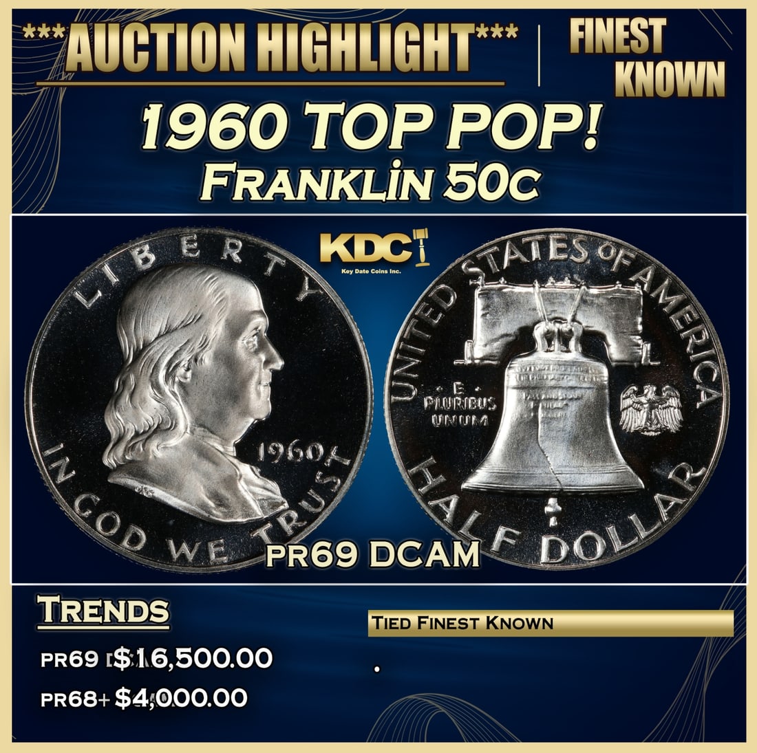 *Highlight* 1960 Proof Franklin Half Dollar TOP POP! 50c pr69 DCAM SEGS (fc): *Highlight* 1960 TOP POP! Franklin Half Dollar 50c pr69 DCAM SEGS. A new master die was put into use in 1960. The previous one had been used for an entire decade, causing many proofs from that era to 