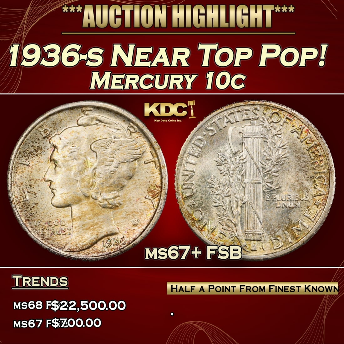 *Highlight* 1936-s Mercury Dime Near Top Pop! 10c ms67+ FSB SEGS (fc) (1 of 5)