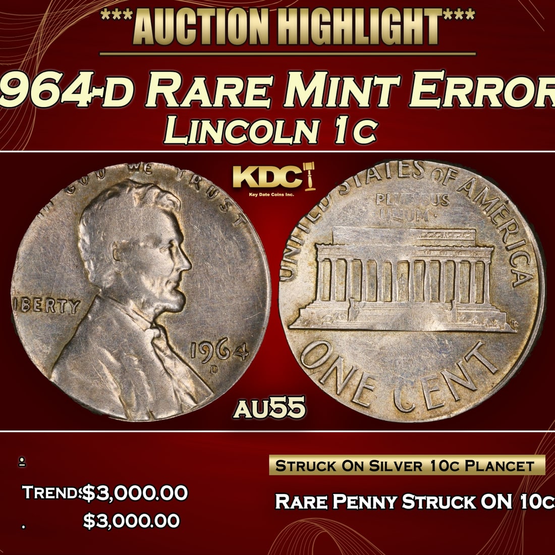 *Highlight* 1964-d Lincoln Cent Rare Mint Error 1c au55 PCGS (fc) (1 of 5)