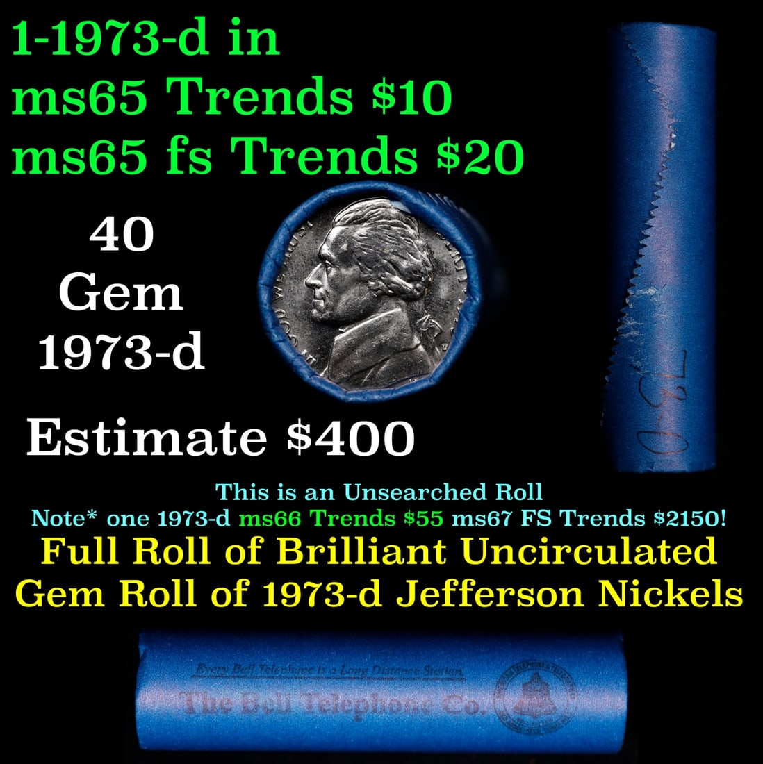 BU Shotgun Jefferson 5c roll, 1973-d 40 pcs Bank $2 Nickel Wrapper: BU Shotgun Jefferson 5c roll, 1973-d 40 pcs Bank $2 Nickel Wrapper.