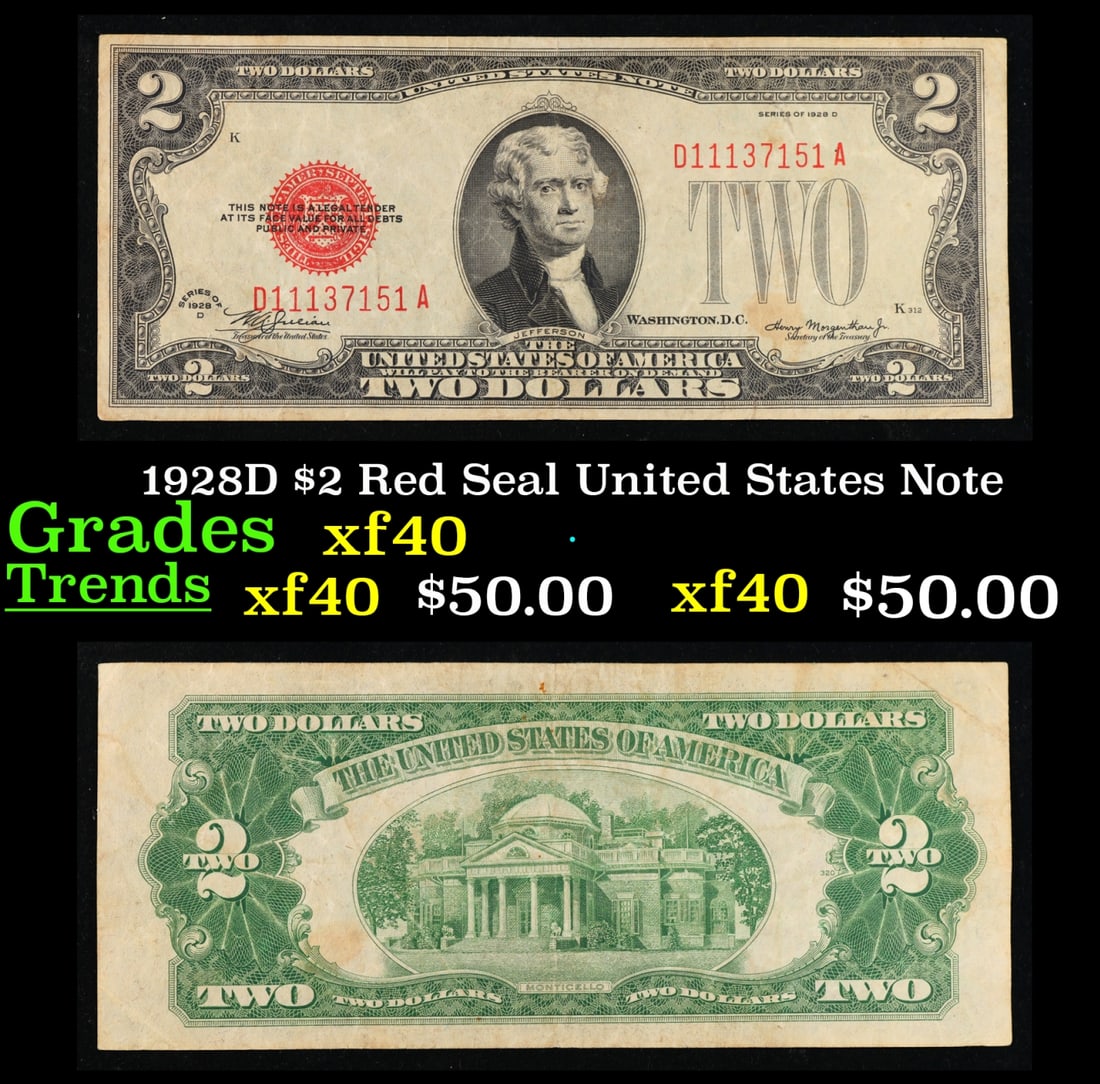 1928D $2 Red Seal United States Note Grades xf (1 of 3)