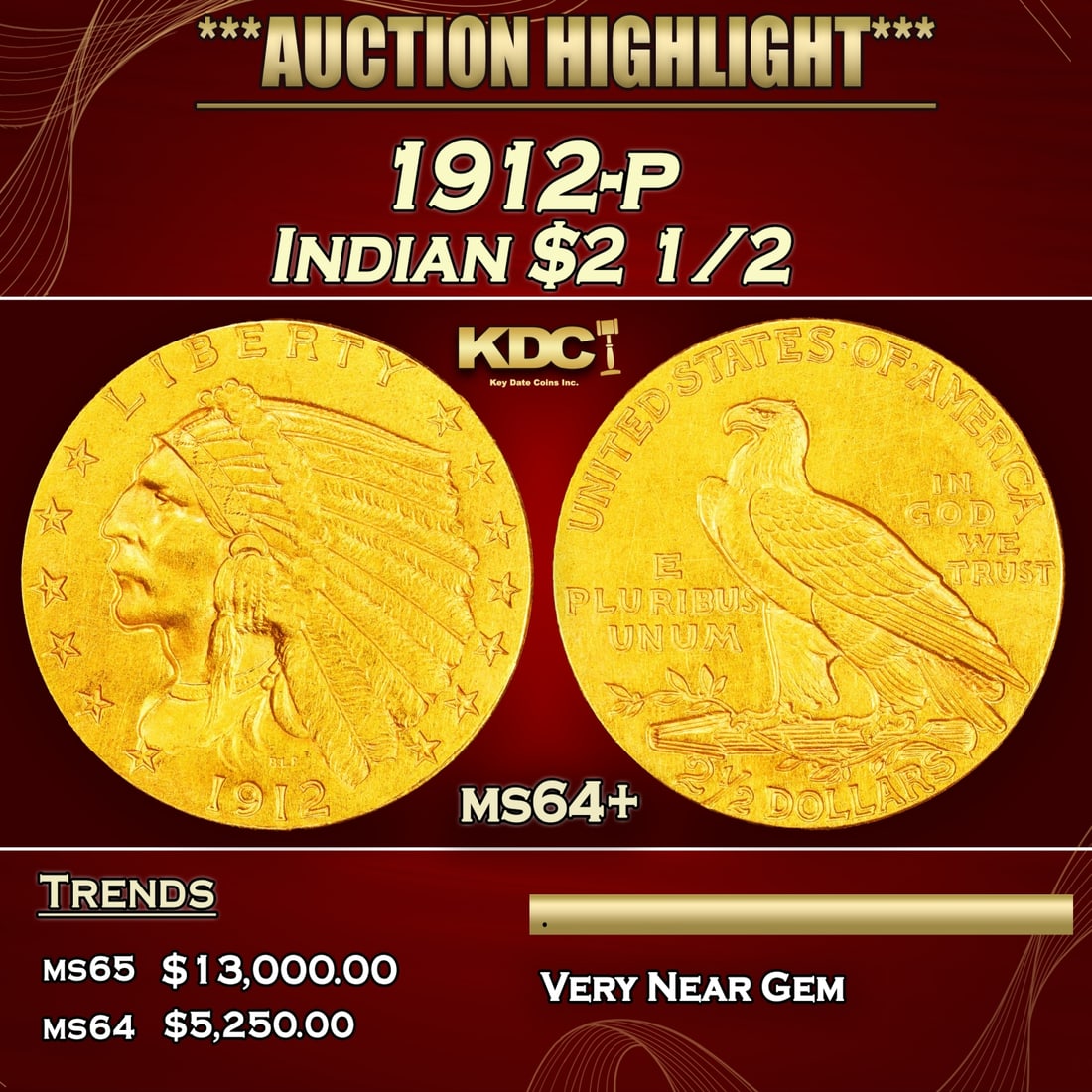 *Highlight* 1912-p Gold Indian Quarter Eagle $2 1/2 Choice+ Unc USCG (fc) (1 of 3)