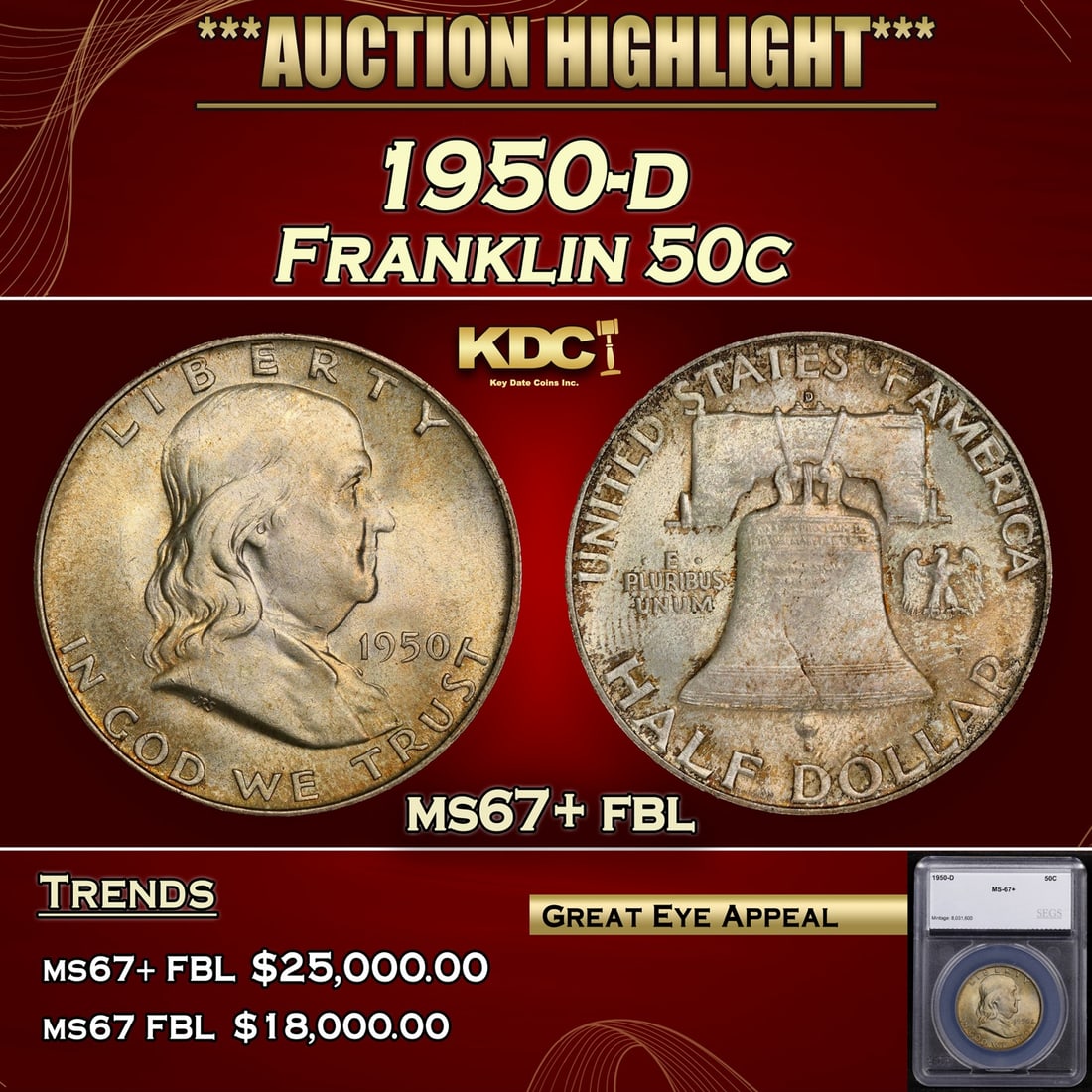 *Highlight* 1950-d Franklin Half Dollar 50c ms67+ fbl SEGS (fc) (1 of 5)