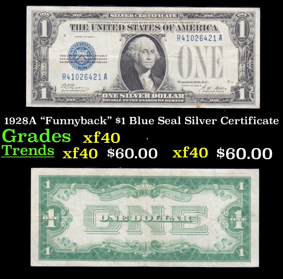 1928A "Funnyback" $1 Blue Seal Silver Certificate Grades xf (1 of 3)