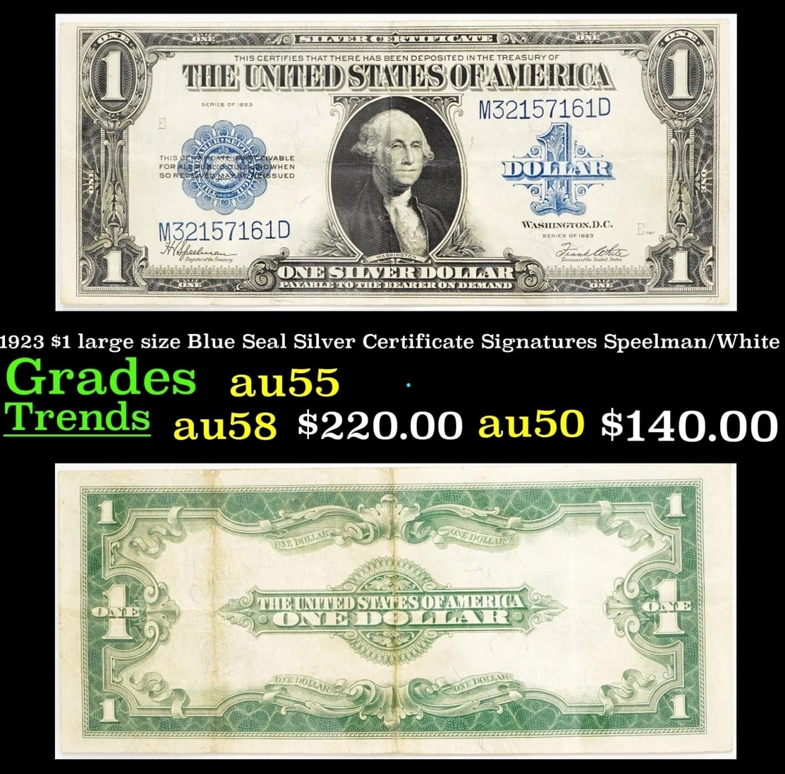 1923 $1 large size Blue Seal Silver Certificate Grades Choice AU Signatures Speelman/White (1 of 3)
