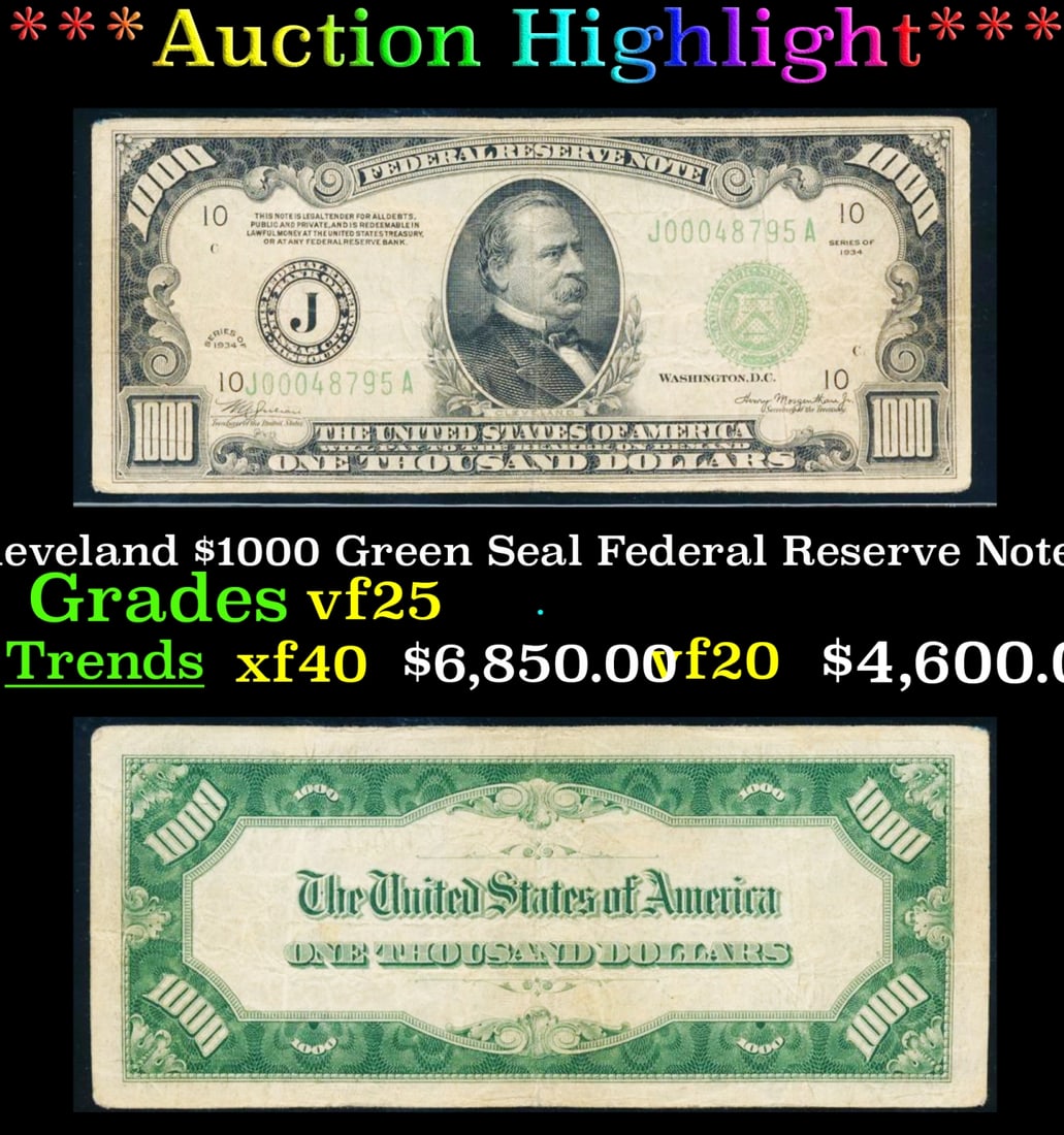 *Highlight* 1934 President Grover Cleveland $1000 Green Seal Federal Reserve Note Kansas City, MO (1 of 3)
