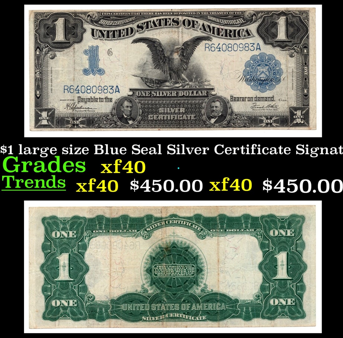 1899 "Black Eagle" $1 large size Blue Seal Silver Certificate Grades xf Signatures Speelman/white (1 of 3)