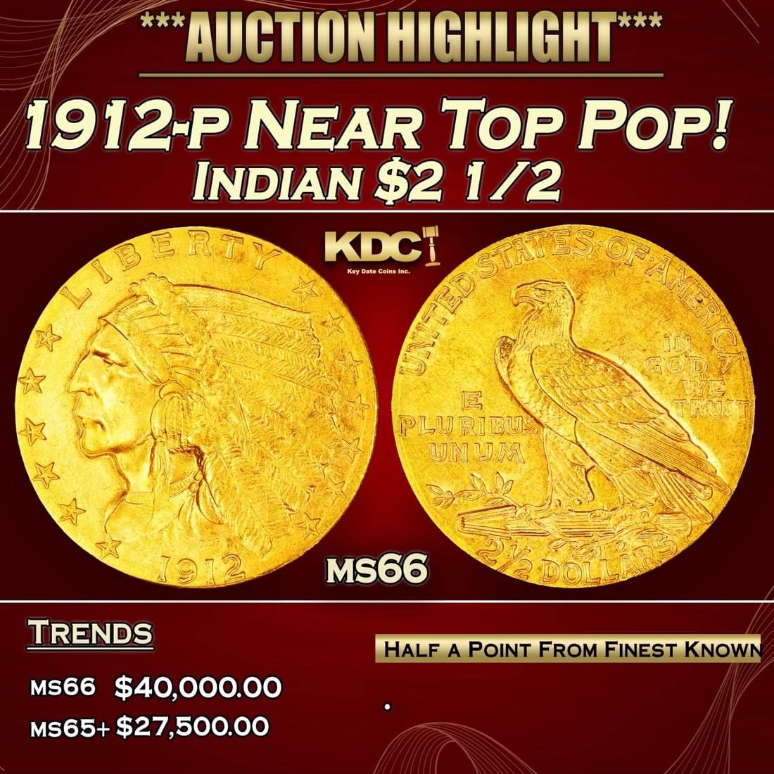 *Highlight* 1912-p Gold Indian Quarter Eagle Near Top Pop! $2 1/2 ms66 SEGS (fc) (1 of 4)