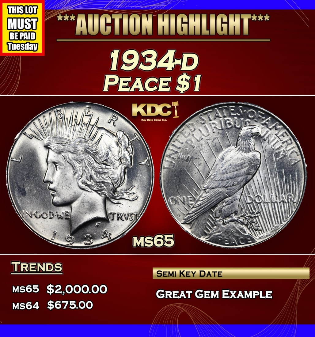 *Highlight* 1934-d Peace Dollar $1 ms65 SEGS (fc) (1 of 4)