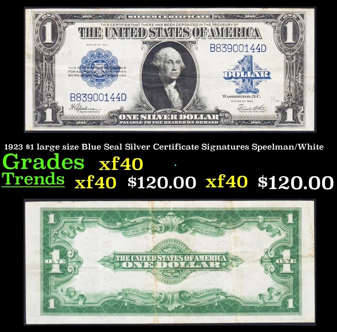 1923 $1 large size Blue Seal Silver Certificate Grades xf Signatures Speelman/White (1 of 3)