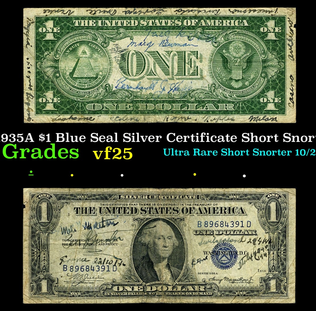 1935A $1 Blue Seal Silver Certificate Short Snorter Grades vf+ (1 of 3)