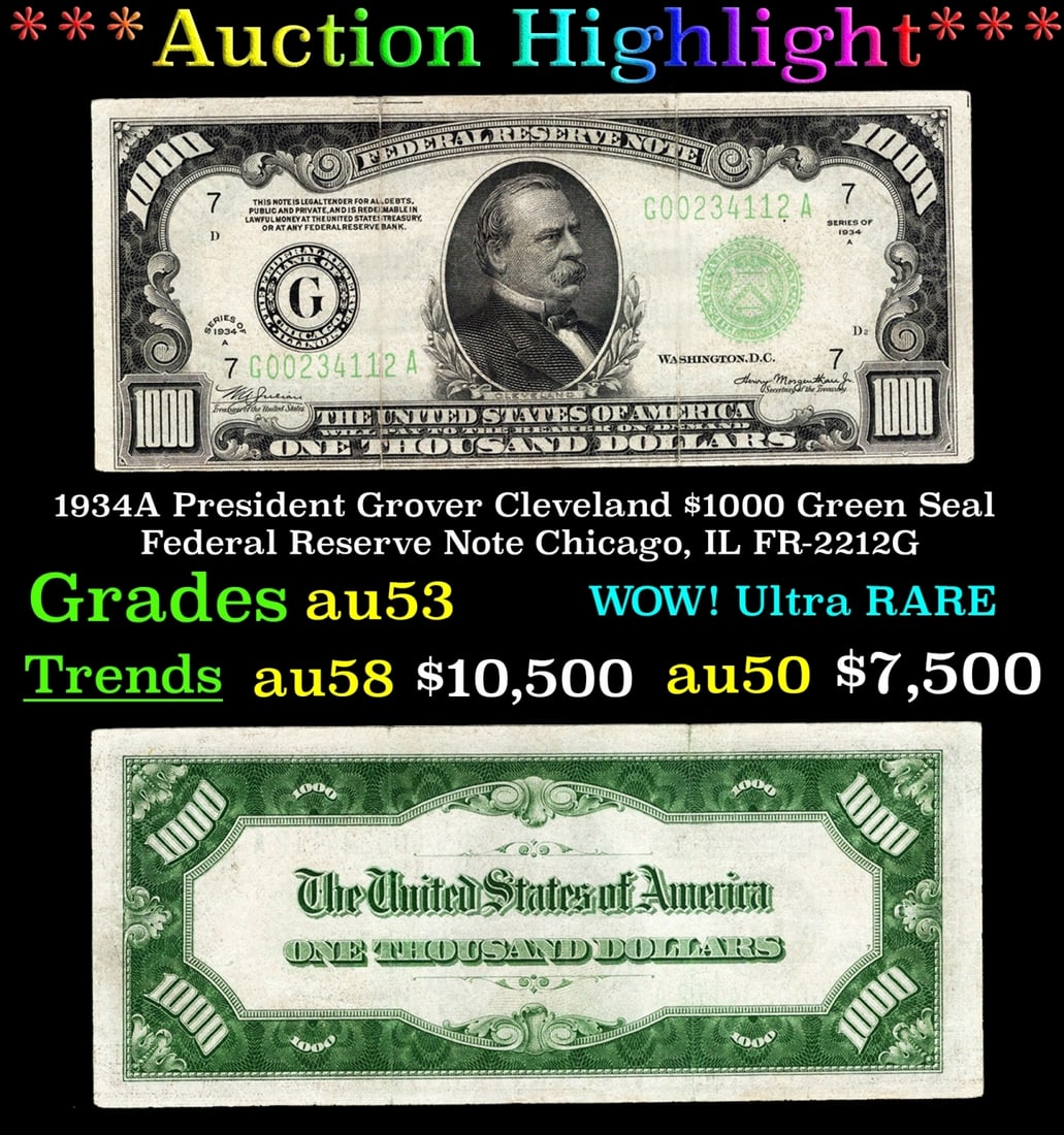 *Highlight* 1934A President Grover Cleveland $1000 Green Seal Federal Reserve Note Chicago, IL (1 of 3)