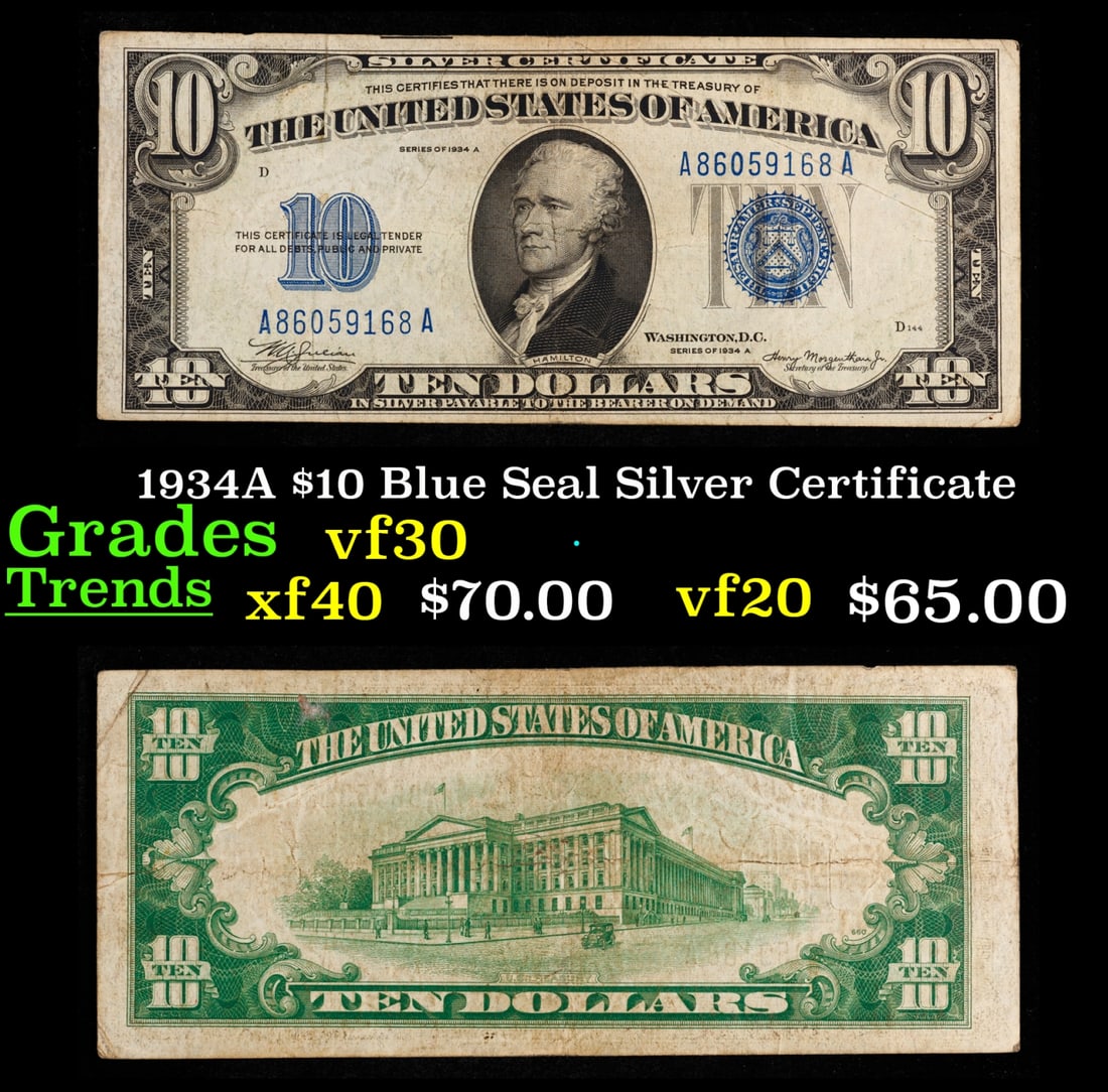 1934A $10 Blue Seal Silver Certificate Grades vf++ (1 of 3)