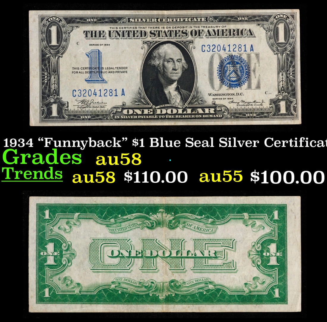 1934 "Funnyback" $1 Blue Seal Silver Certificate Grades Choice AU/BU Slider (1 of 3)