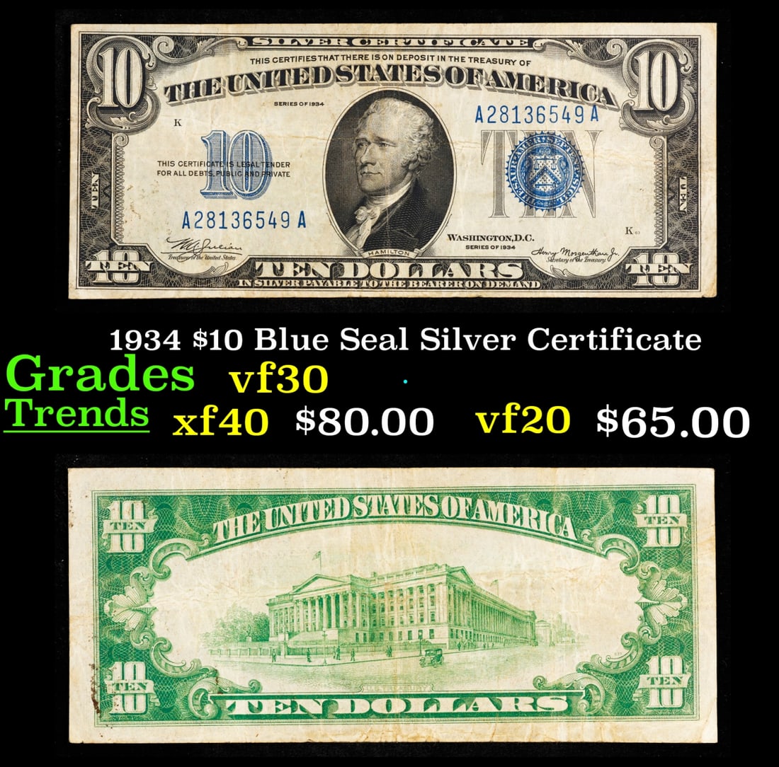 1934 $10 Blue Seal Silver Certificate Grades vf++ (1 of 3)