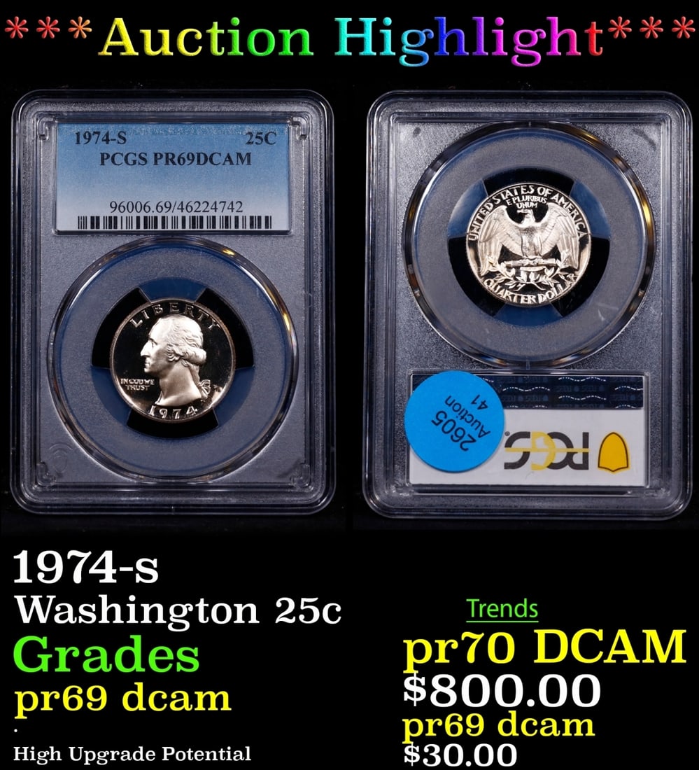 ***Auction Highlight*** PCGS 1974-s Proof Washington Quarter 25c pr69 dcam PCGS (fc) (1 of 3)