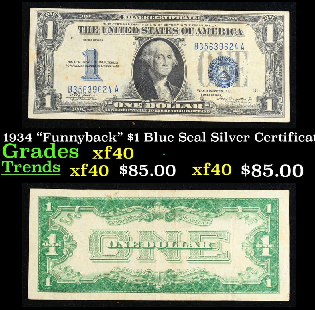 1934 "Funnyback" $1 Blue Seal Silver Certificate Grades xf (1 of 3)