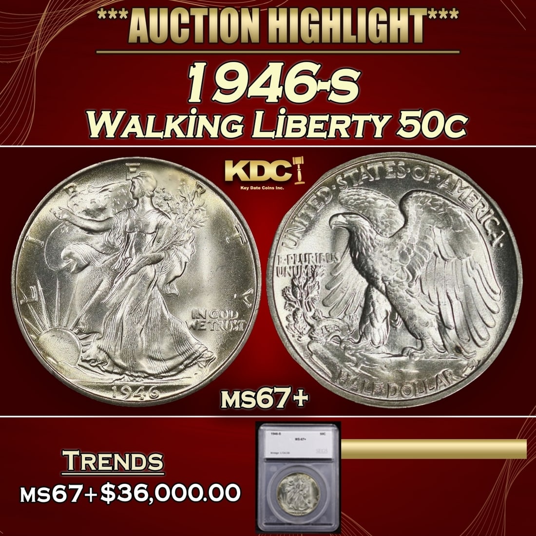 *Highlight* 1946-s Walking Liberty Half Dollar 50c ms67+ SEGS (fc) (1 of 5)