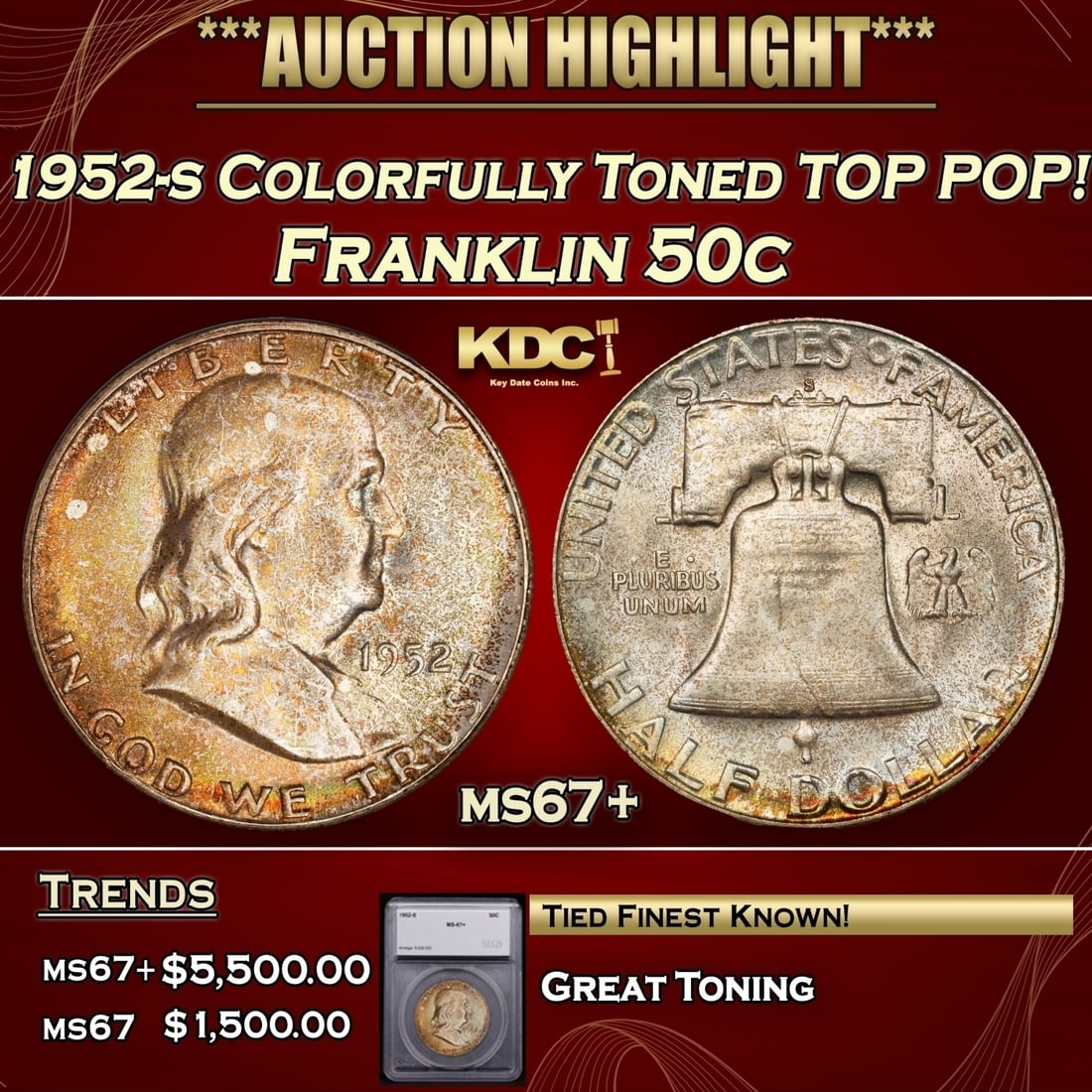 *Highlight* 1952-s Franklin Half Dollar Colorfully Toned TOP POP! 50c ms67+ SEGS (fc) (1 of 5)