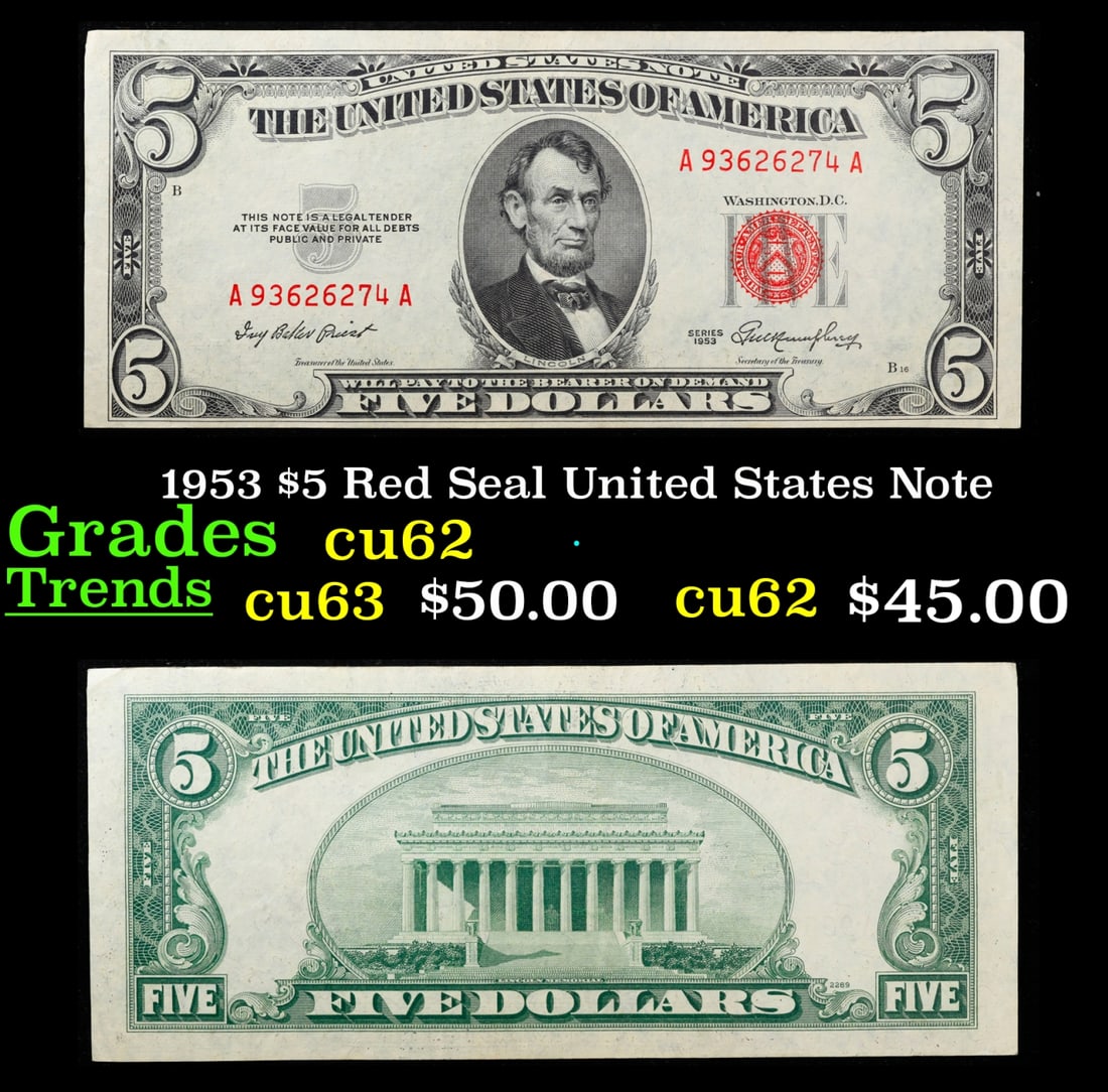 1953 $5 Red Seal United States Note Grades Select CU (1 of 3)