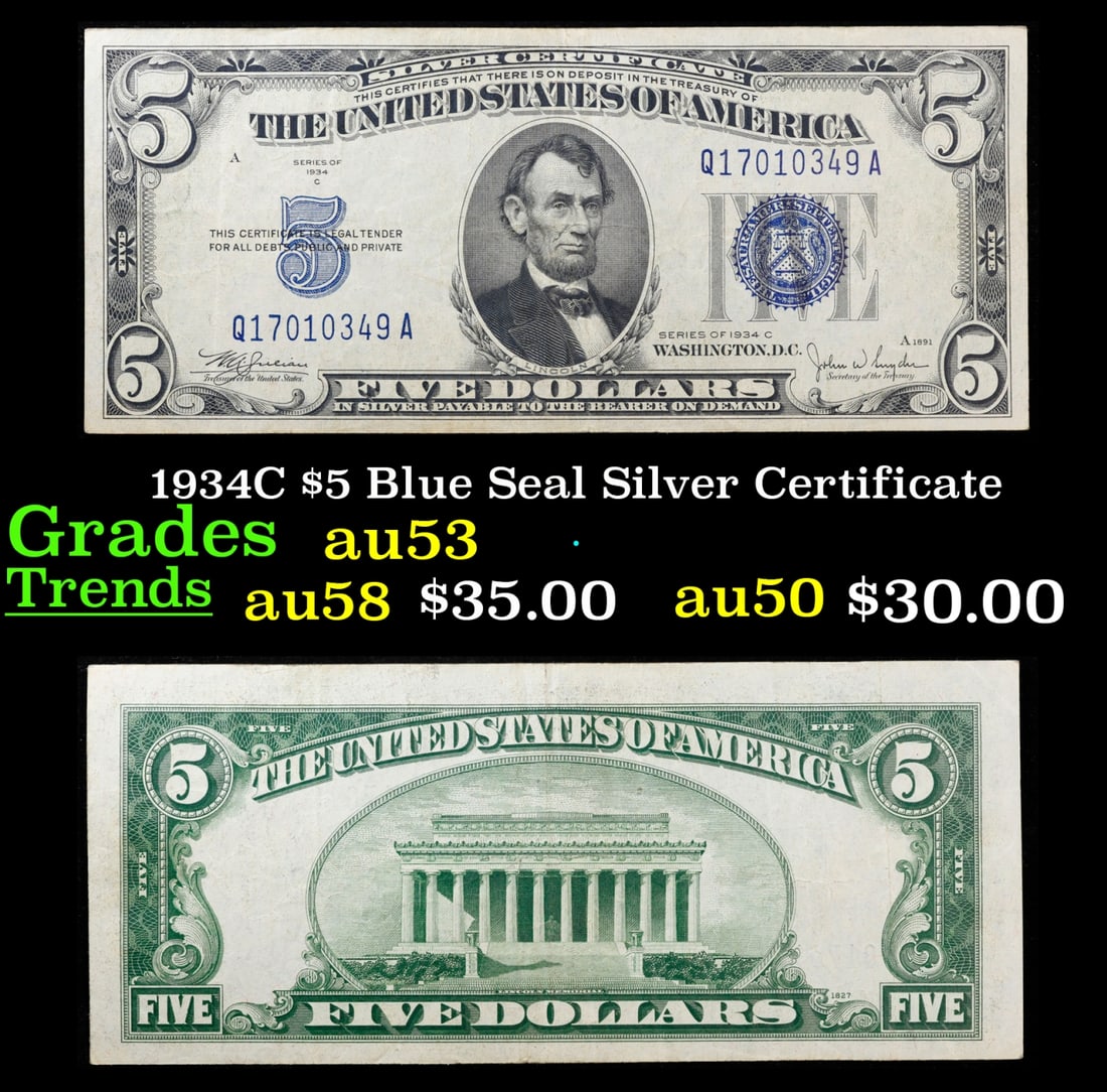 1934C $5 Blue Seal Silver Certificate Grades Select AU (1 of 3)