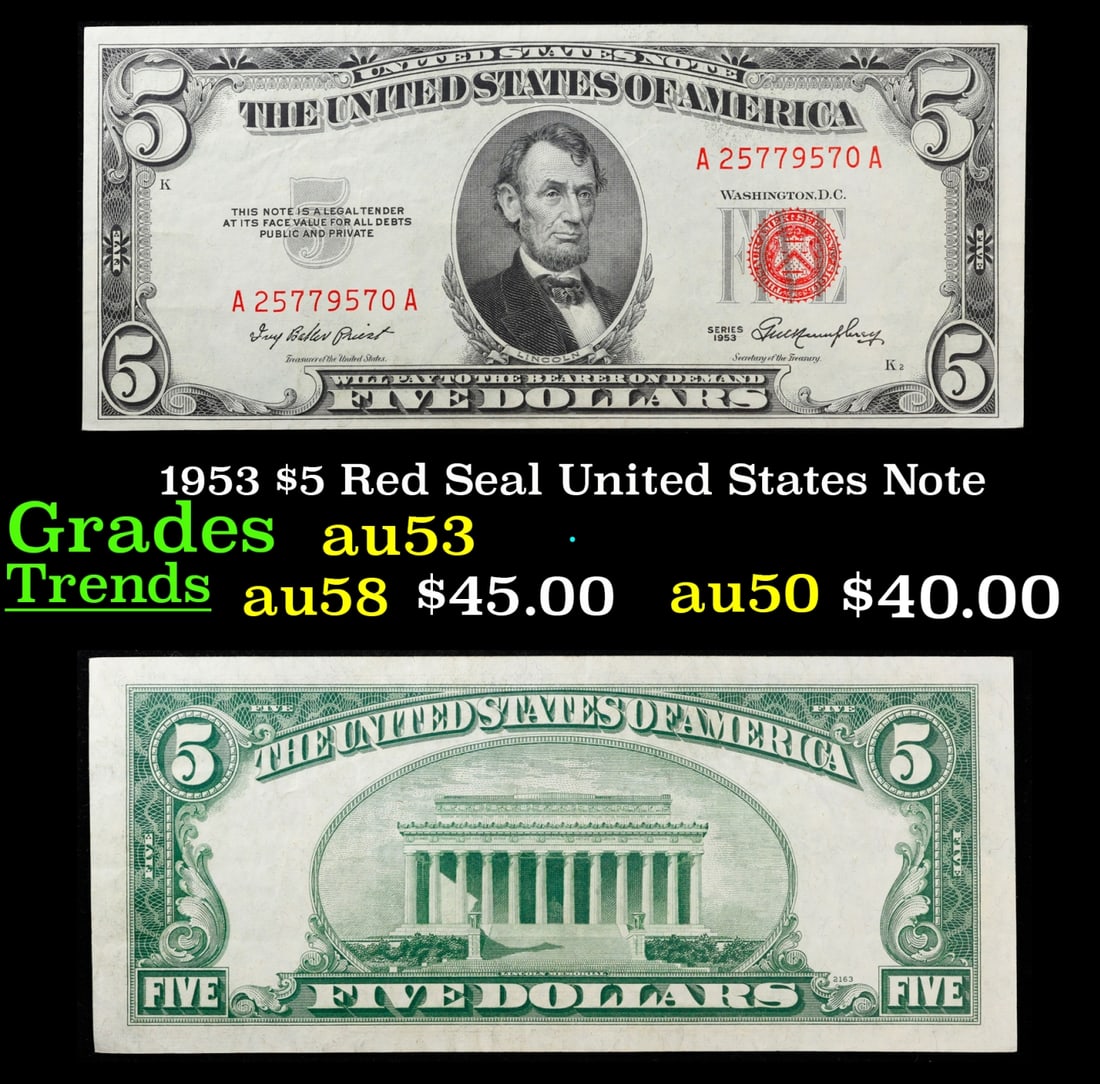 1953 $5 Red Seal United States Note Grades Select AU (1 of 3)