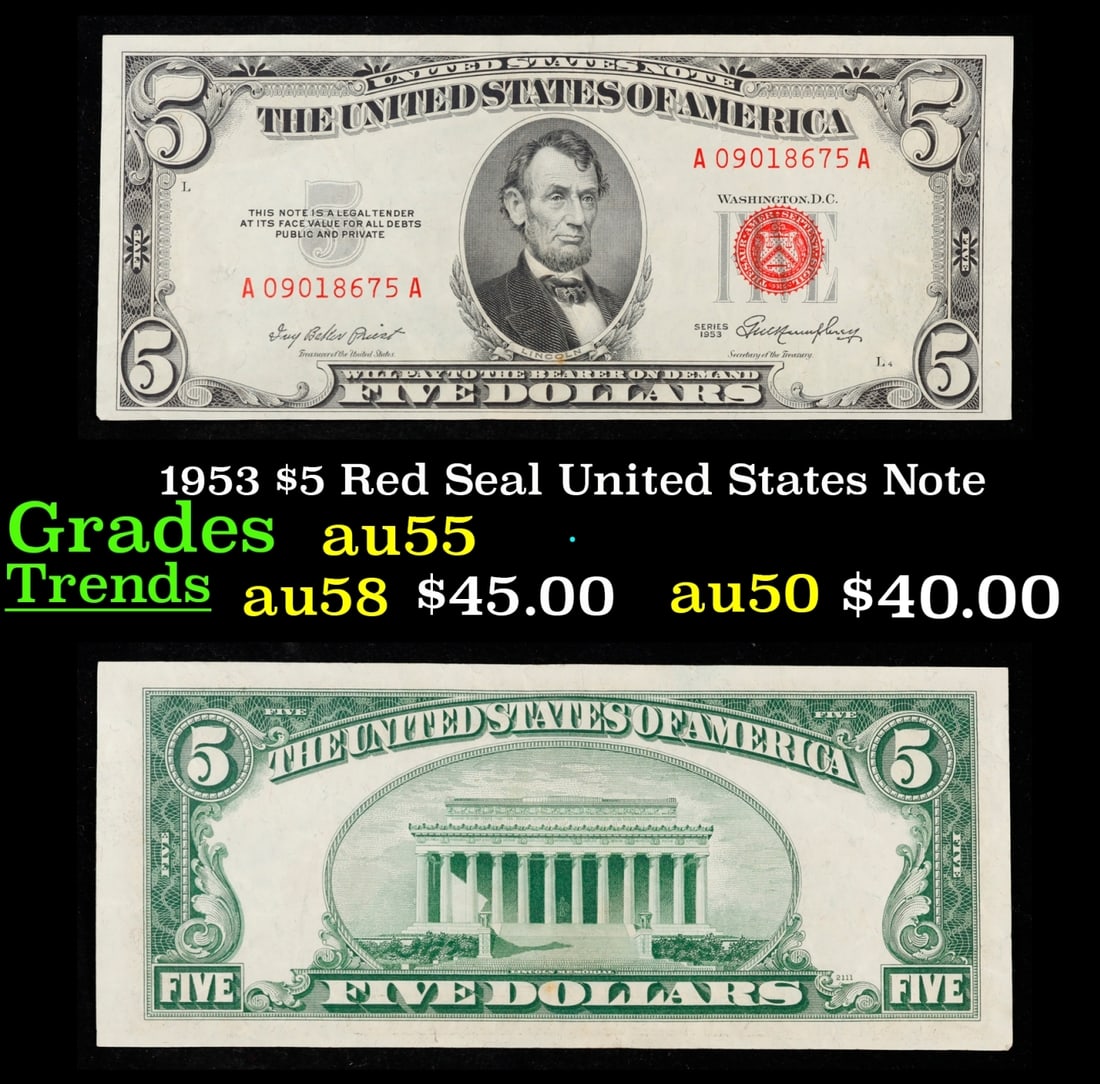 1953 $5 Red Seal United States Note Grades Choice AU/BU Slider (1 of 3)