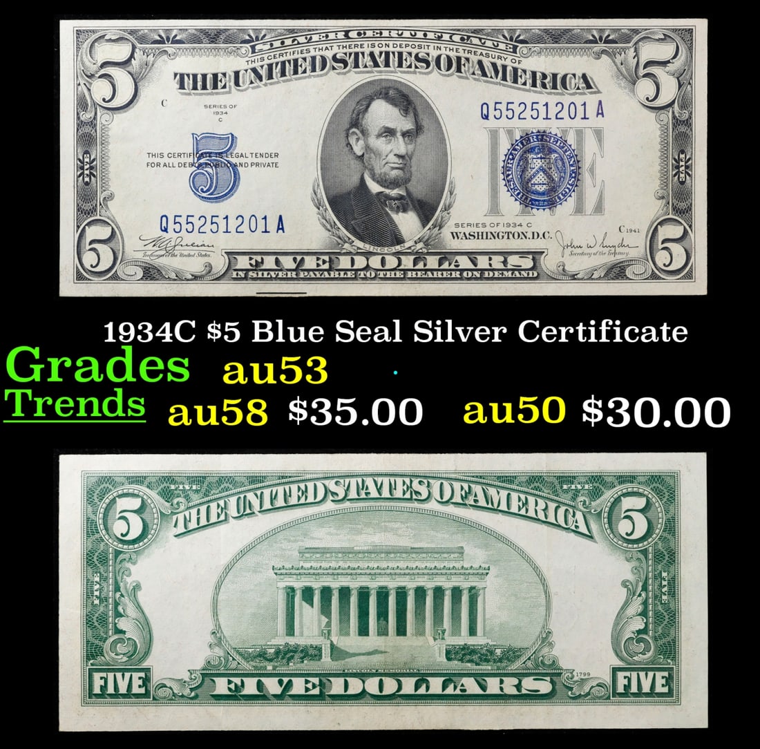 1934C $5 Blue Seal Silver Certificate Grades Select AU (1 of 3)