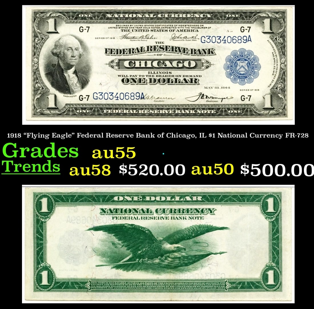 1918 "Flying Eagle" Federal Reserve Bank of Chicago, IL $1 National Currency Grades Choice AU FR-728 (1 of 3)