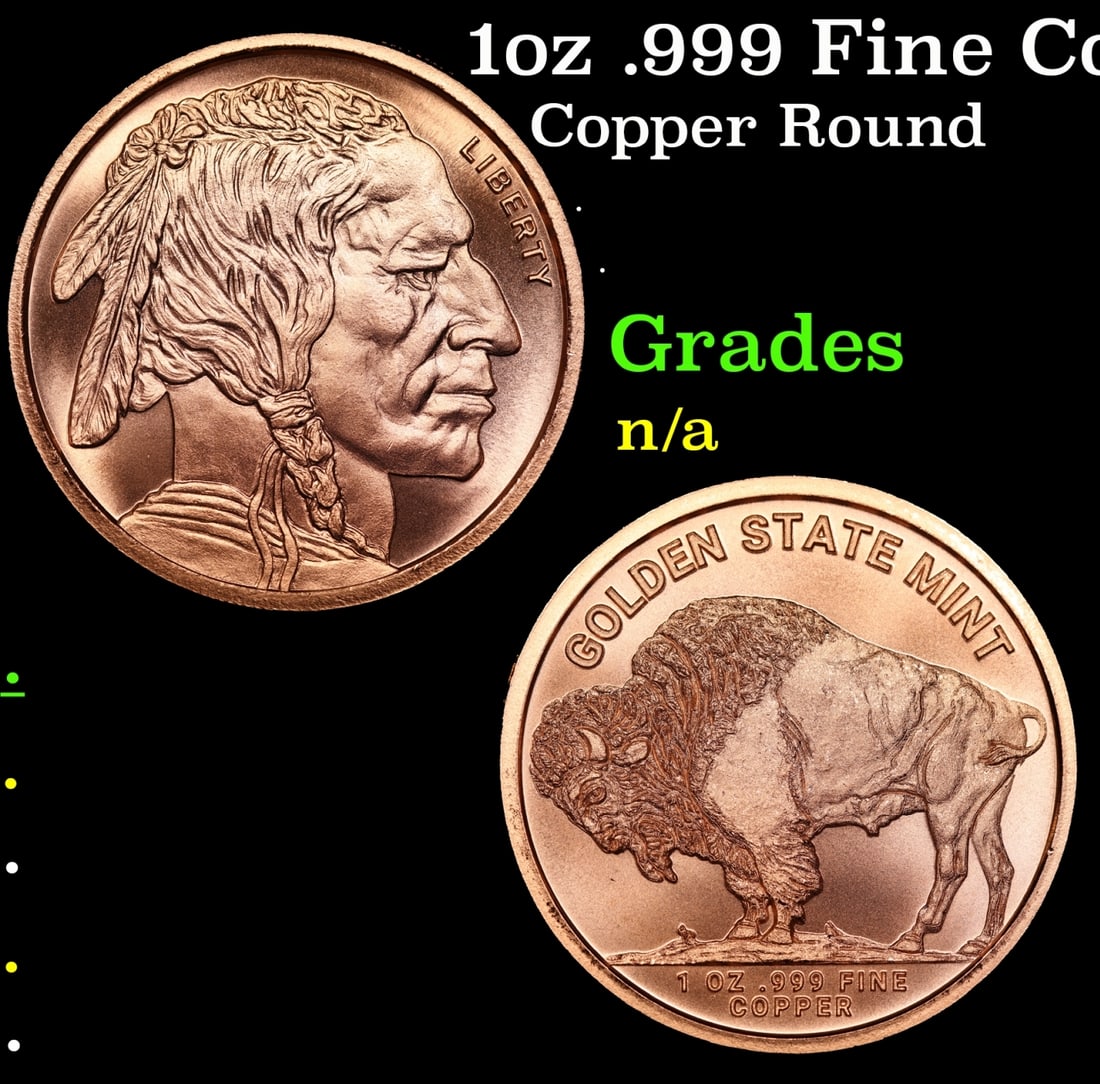1oz .999 Fine Copper Bullion Round - Buffalo Nickle style Grades Ungraded: 1oz .999 Fine Copper Bullion Round - Buffalo Nickle style Grades Ungraded.