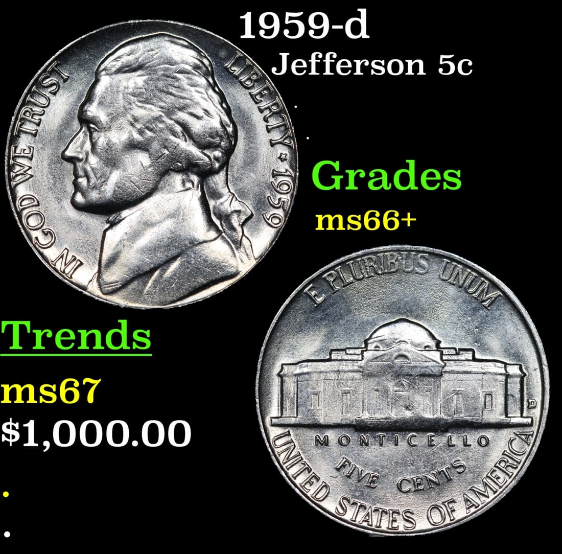 1959-d Jefferson Nickel 5c Grades GEM++ Unc: 1959-d Jefferson Nickel 5c Grades GEM++ Unc.