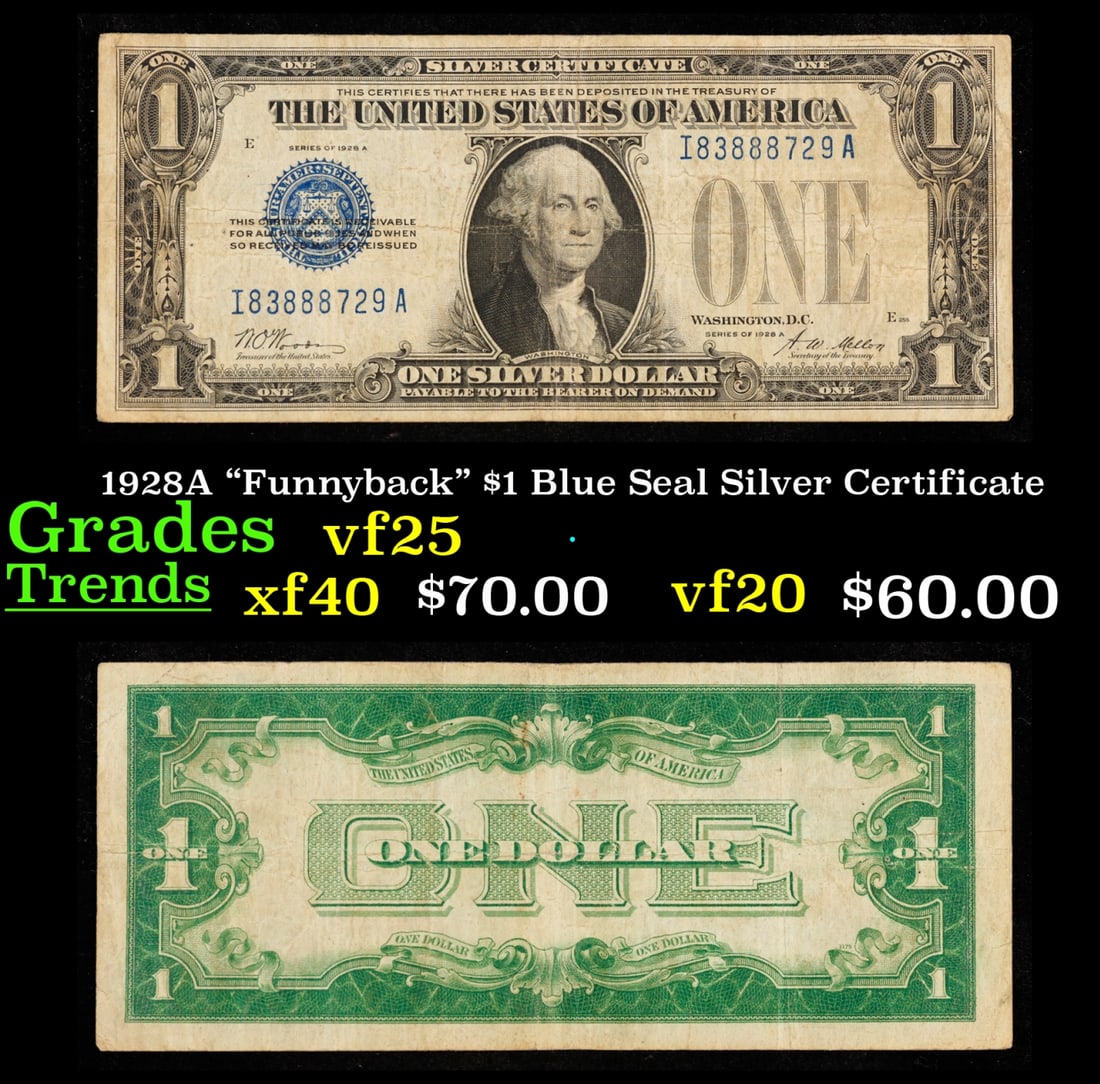 1928A "Funnyback" $1 Blue Seal Silver Certificate Grades vf+ (1 of 3)