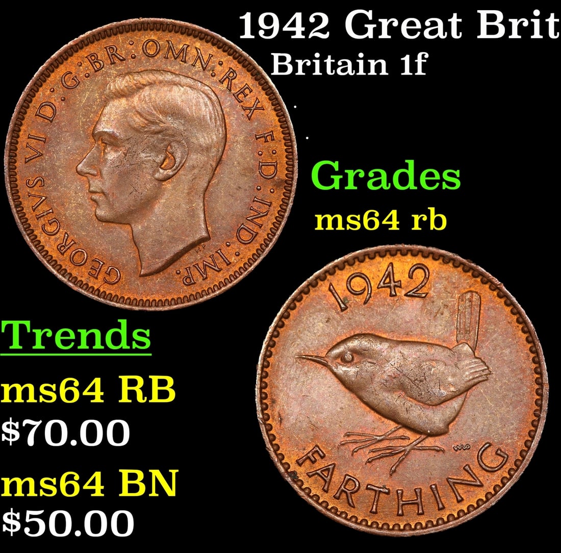 1942 Great Britain 1 Farthing KM#?843 Grades Choice Unc RB (1 of 3)