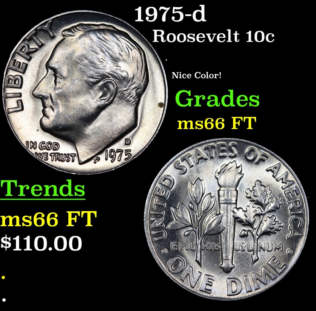 1975-d Roosevelt Dime 10c Grades GEM+ FT: 1975-d Roosevelt Dime 10c Grades GEM+ FT.