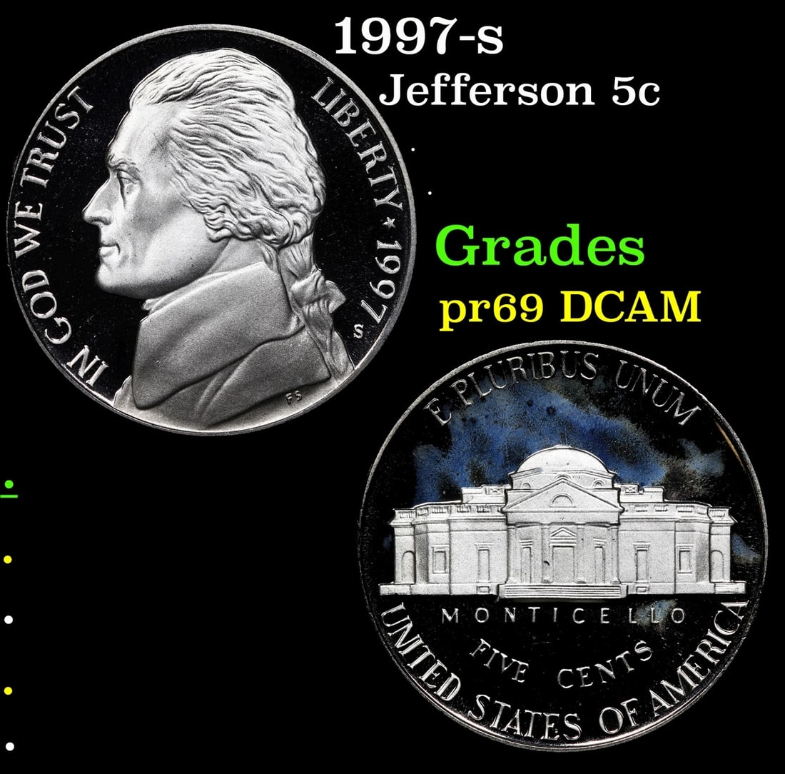 1997-s Proof Jefferson Nickel 5c Grades GEM++ Proof Deep Cameo (1 of 3)