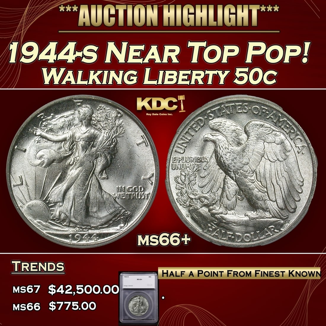 *Highlight* 1944-s Walking Liberty Half Dollar Near Top Pop! 50c ms66+ SEGS (fc) (1 of 5)