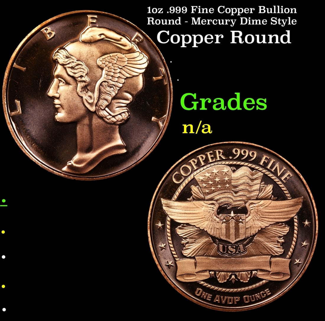 1oz .999 Fine Copper Bullion Round - Mercury Dime Style Grades (1 of 3)