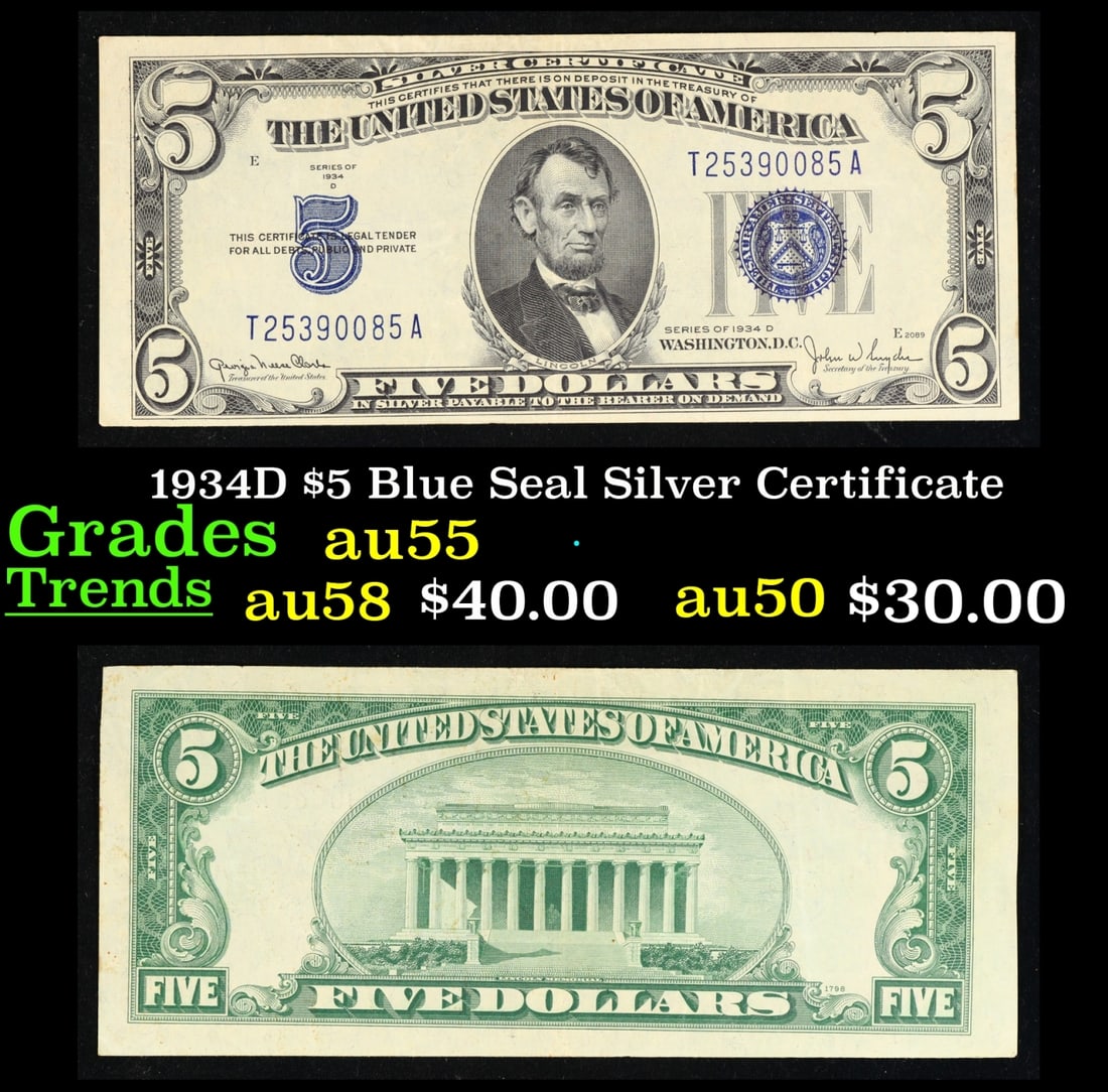 1934D $5 Blue Seal Silver Certificate Grades Choice AU (1 of 3)