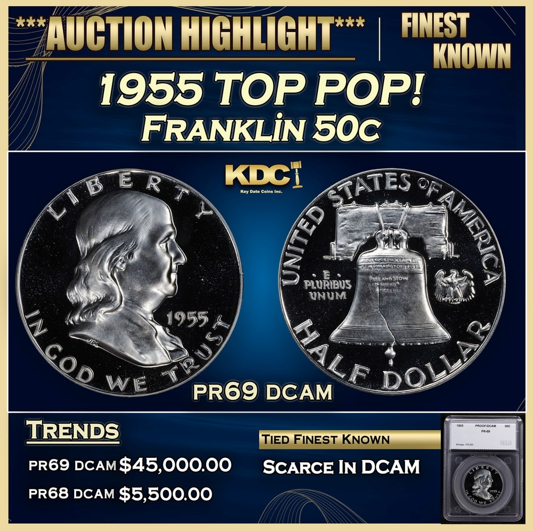 *Highlight* 1955 Proof Franklin Half Dollar TOP POP! 50c pr69 dcam SEGS (fc) (1 of 5)
