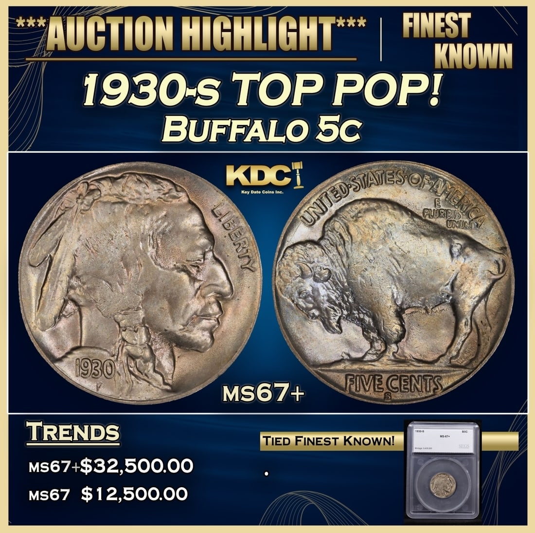 *Highlight* 1930-s Buffalo Nickel TOP POP! 5c ms67+ SEGS (fc) (1 of 5)